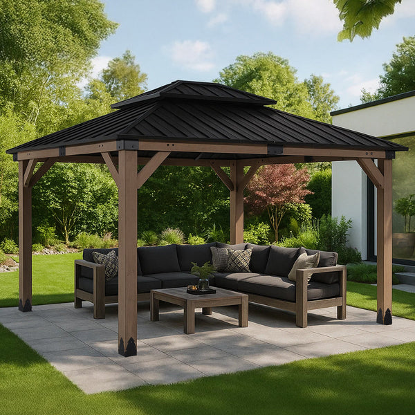 Wooden gazebo with a patio set on a sunny day