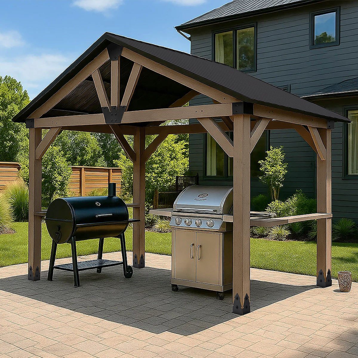 Wooden pergola with two grills on a patio