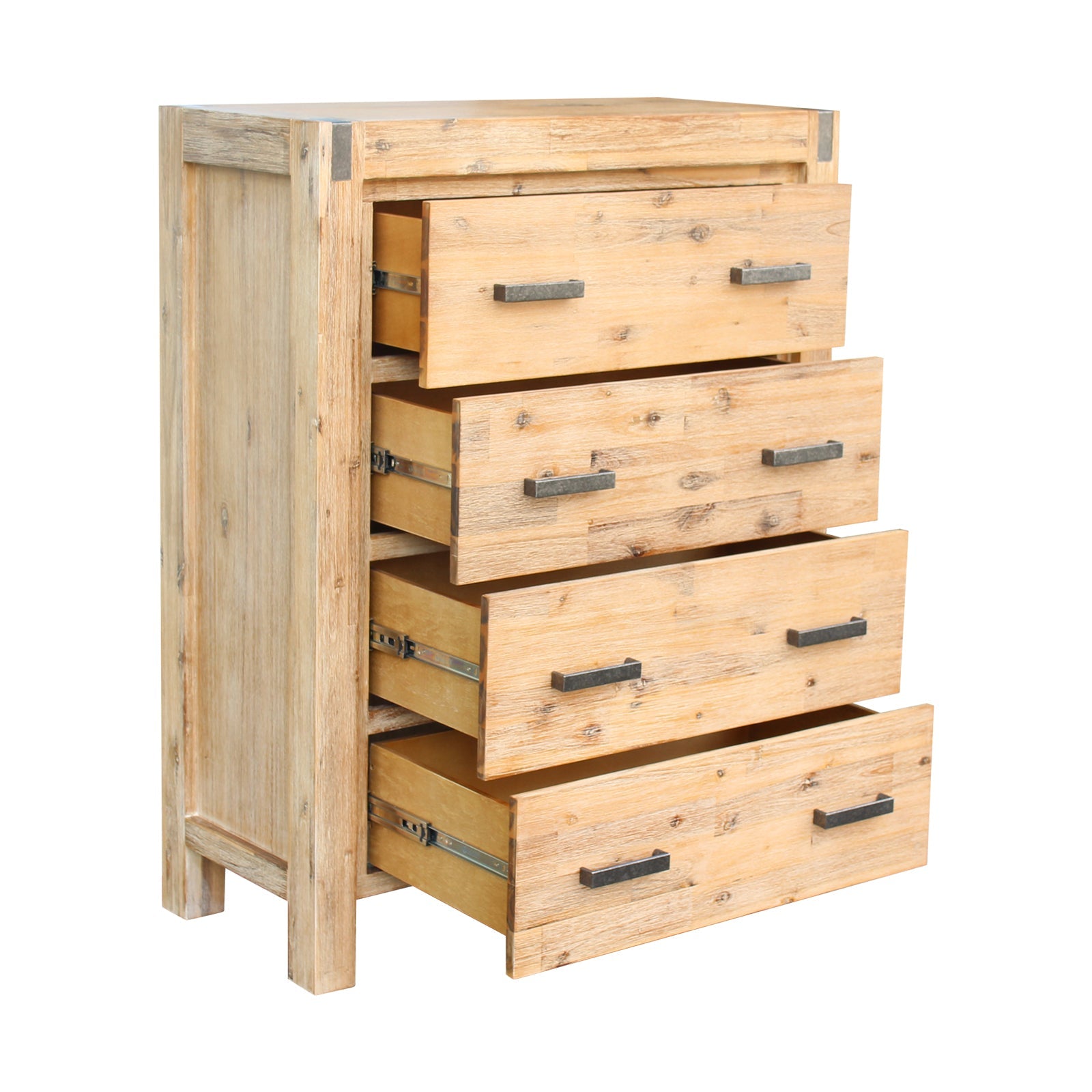 King Size Bed Frame With 2 Bedside Tables, Dresser & Tallboy In Acacia Wood - Oak Colour