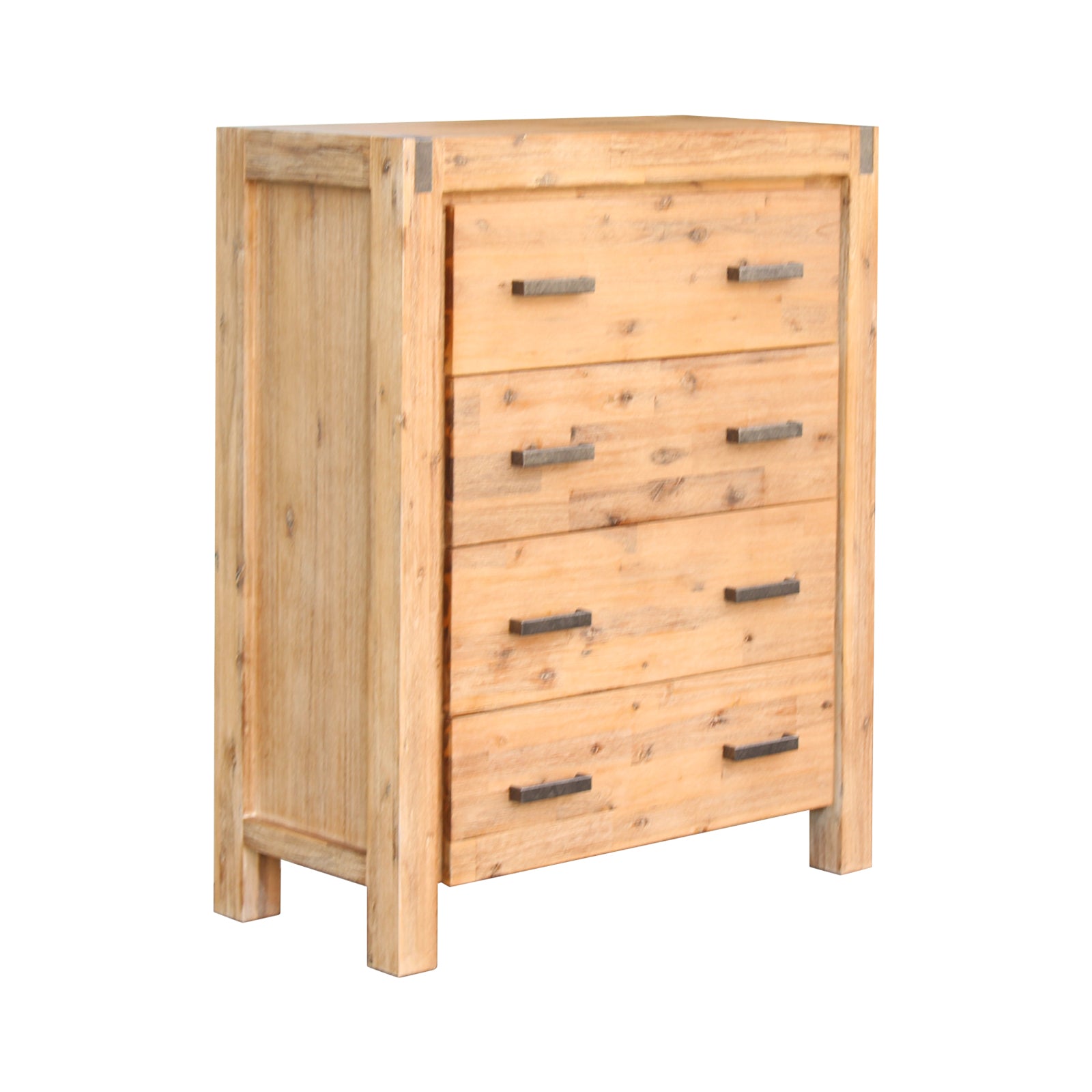 King Size Bed Frame With 2 Bedside Tables, Dresser & Tallboy In Acacia Wood - Oak Colour