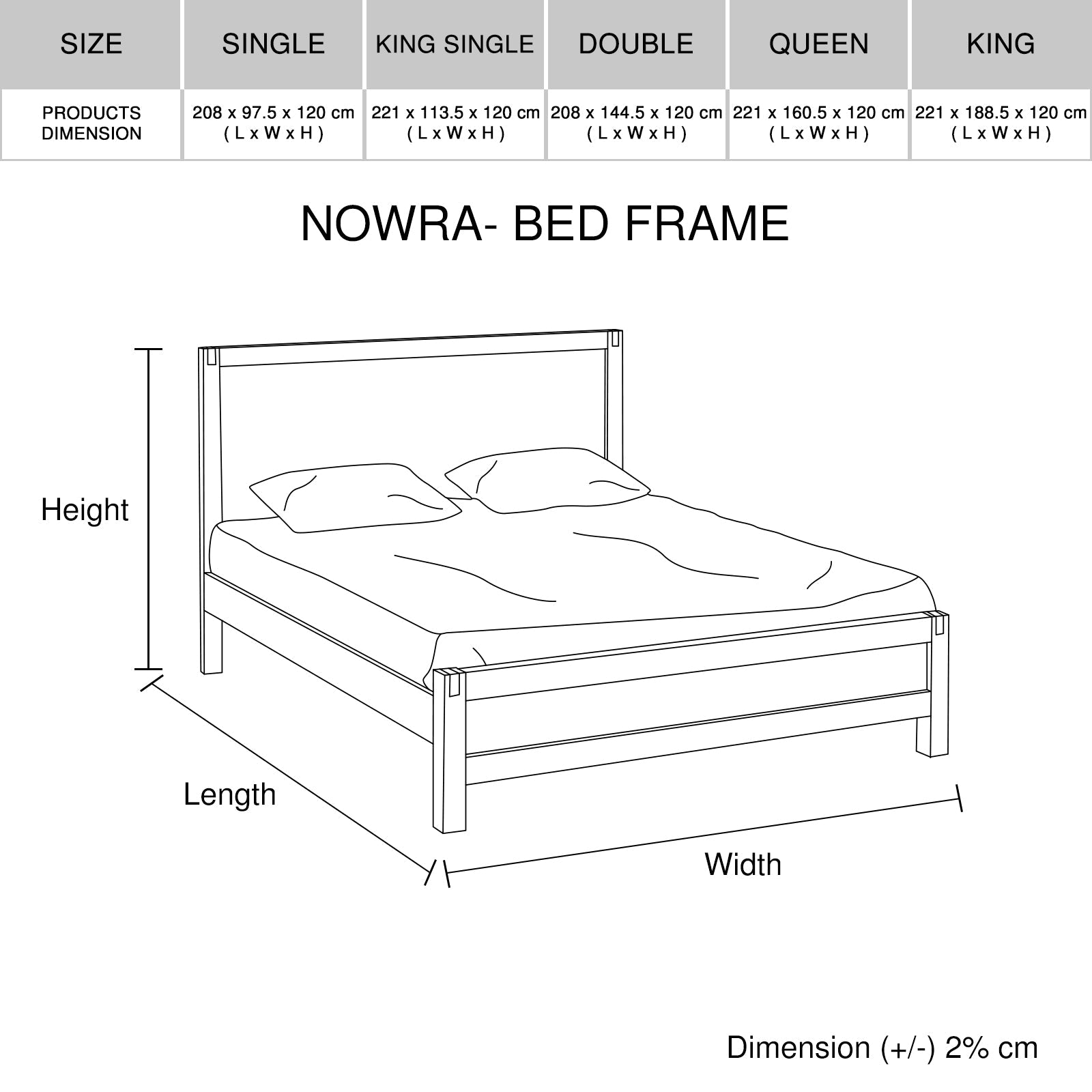 King Size Bed Frame With 2 Bedside Tables, Dresser & Tallboy In Acacia Wood - Oak Colour