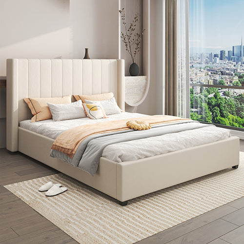 Alexa Queen Size High Rise Headboard Linen Fabric With Drawers - Beige