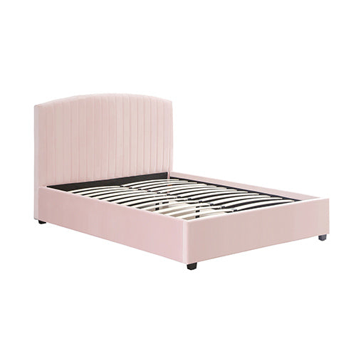 Queen Bed Frame  Pink Velvet Upholstery with High Headboard & Slatted Metal Frame