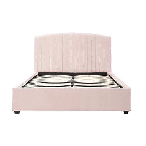 Queen Bed Frame  Pink Velvet Upholstery with High Headboard & Slatted Metal Frame