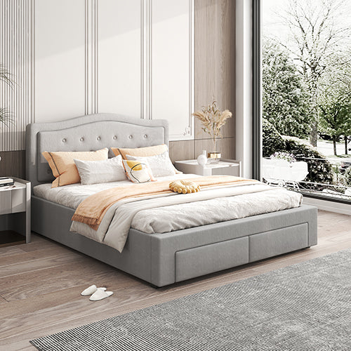 Gray upholstered bed with white bedding and yellow blanket in a modern bedroom.