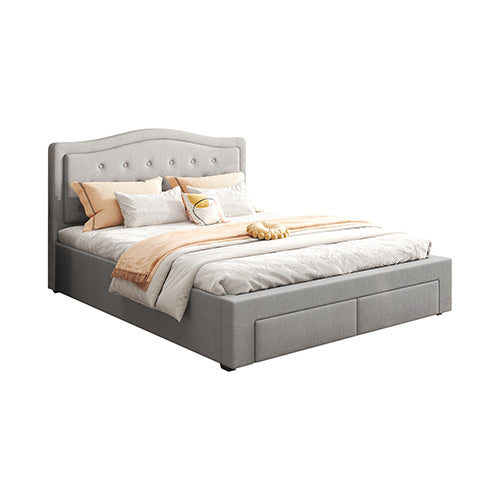 Gray upholstered bed with bedding and pillows on a white background
