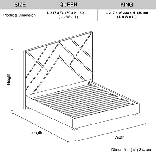 Diagram of a bed frame with dimensions labeled for Queen and King sizes.
