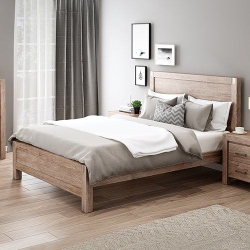 Bed Frame in Solid Wood Veneered Acacia Timber Slat in Oak - King