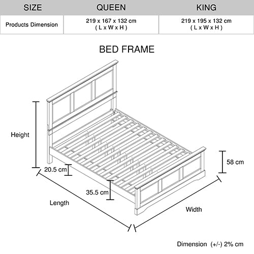 Bed Frame in Solid Wood with Slats Support in Grey - Queen or King