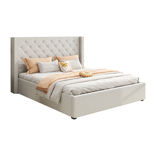 Veronica Winged Linen Queen Bed Frame with Padded Headboard & Storage - Light Grey