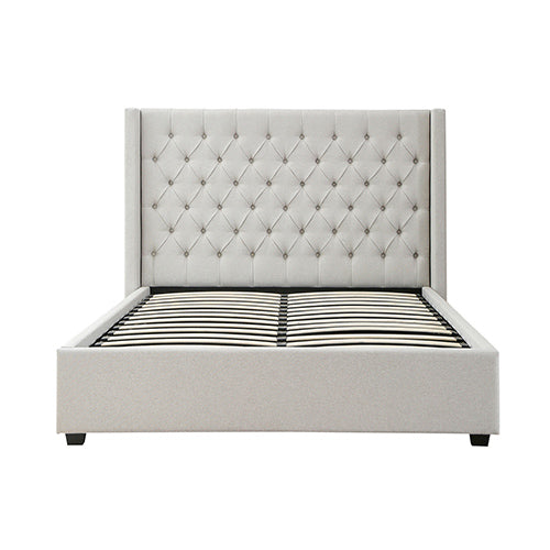 Veronica Winged Linen Queen Bed Frame with Padded Headboard & Storage - Light Grey