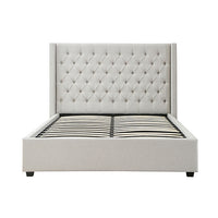 Veronica Winged Linen Queen Bed Frame with Padded Headboard & Storage - Light Grey