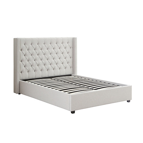 Veronica Winged Linen Queen Bed Frame with Padded Headboard & Storage - Light Grey