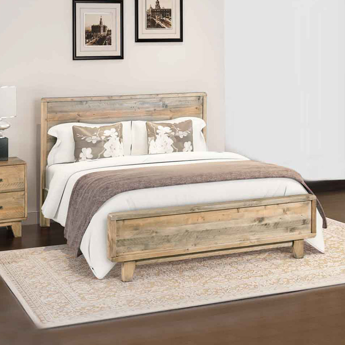 King Size Solid Wood Bed Frame in Antique Light Brown Finish