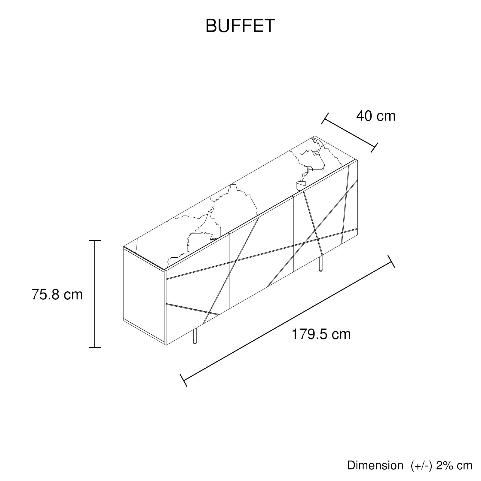 Line drawing of a buffet with dimensions labeled