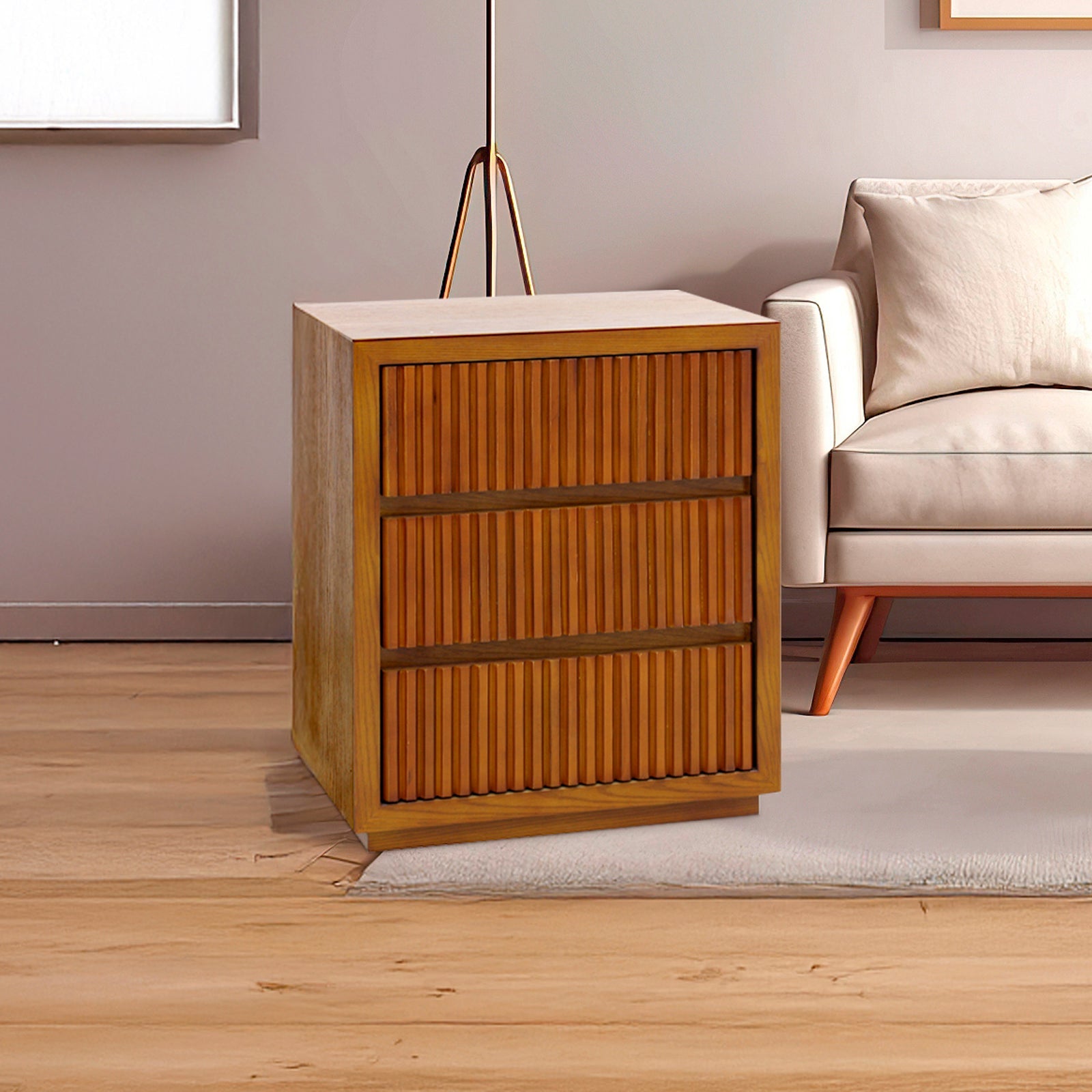 Bedside Table Waveform Design Three Drawers - Brown