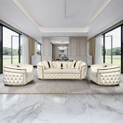 Duke Velvet Quilted Sofa Set - 3 Seater & 2 Armchairs - Cream, Gold Detailing