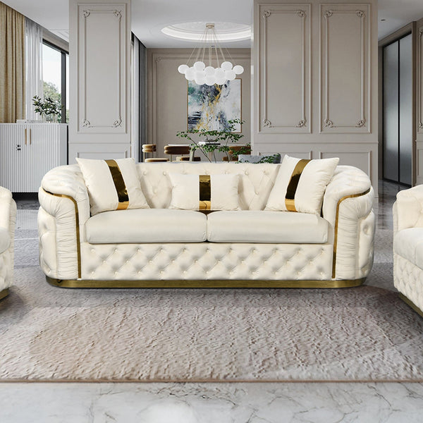 Duke Velvet Quilted Sofa Set - 3 Seater & 2 Armchairs - Cream, Gold Detailing