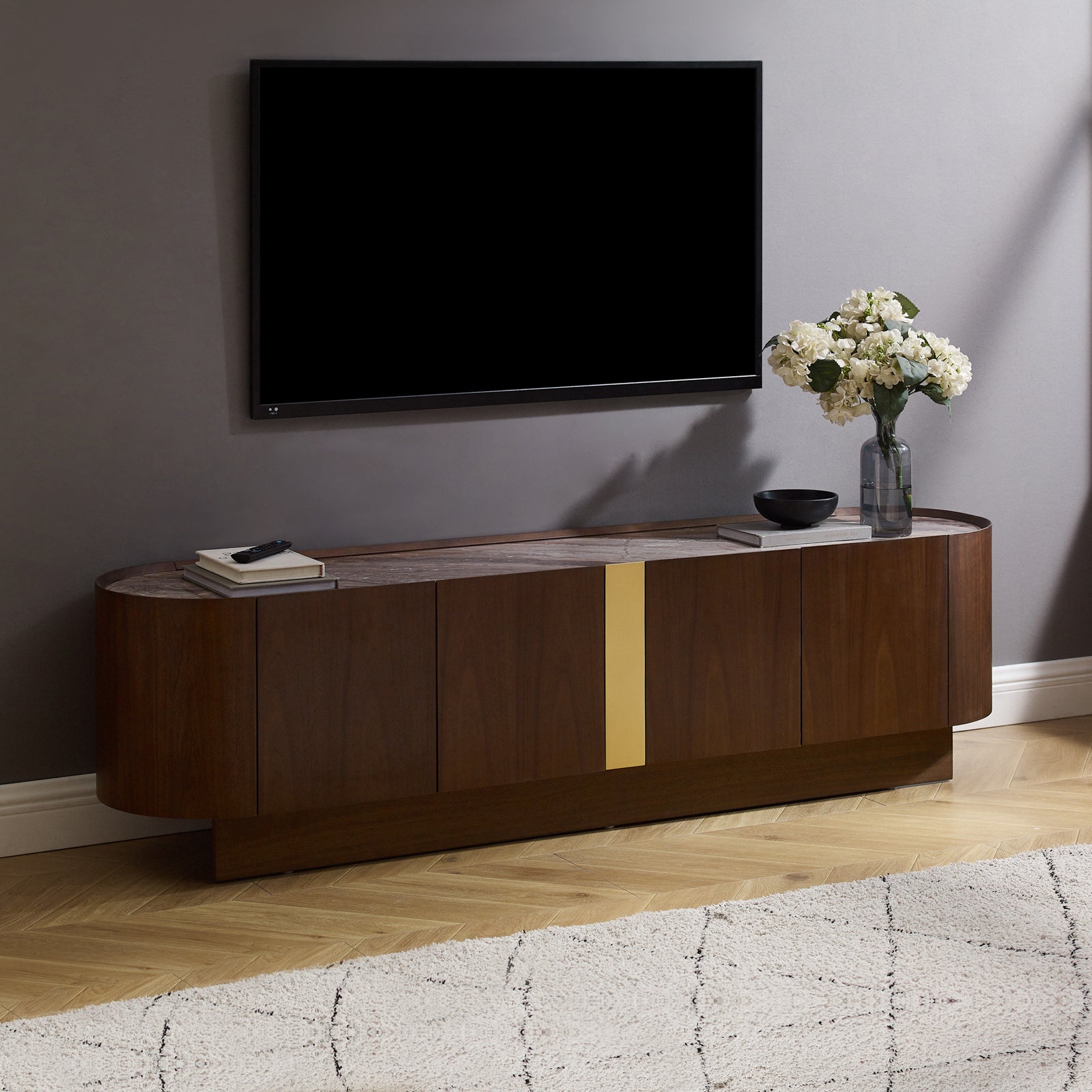 Venus Series TV Cabinet with Interior Melamine Storage - Dark Walnut