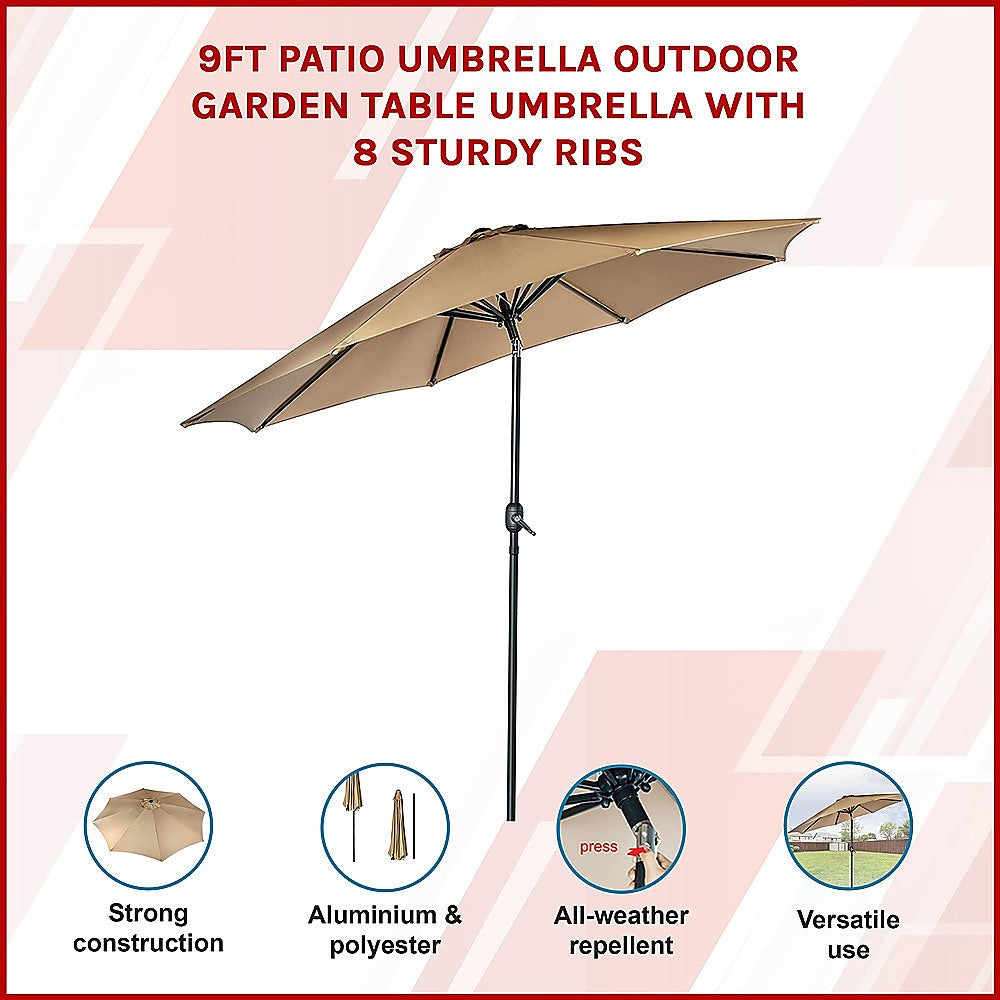 9FT Patio Umbrella Outdoor Garden Table with 8 Sturdy Ribs