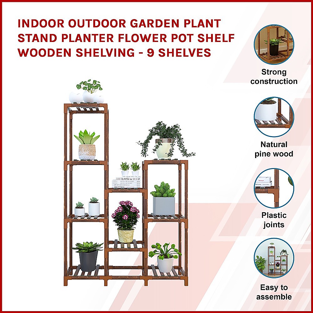 Indoor Outdoor Garden Plant Stand Wooden Shelving - 9 Shelves