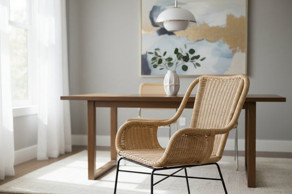 Wicker chair with black metal frame on a white background