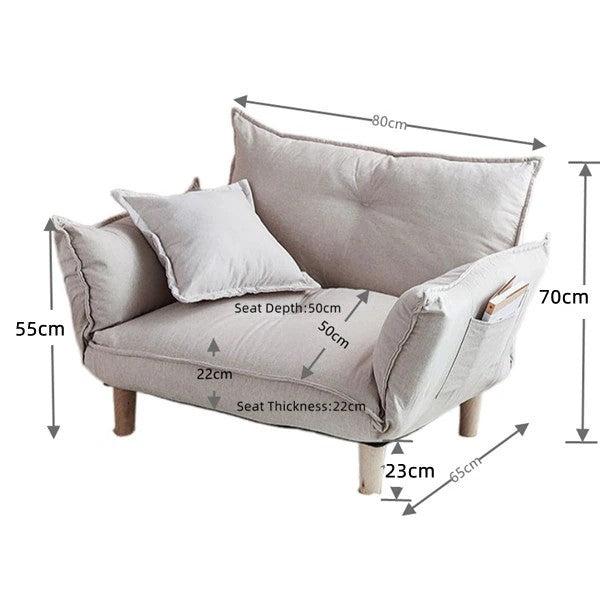 Measurement chart of a beige armchair with dimensions labeled on a white background
