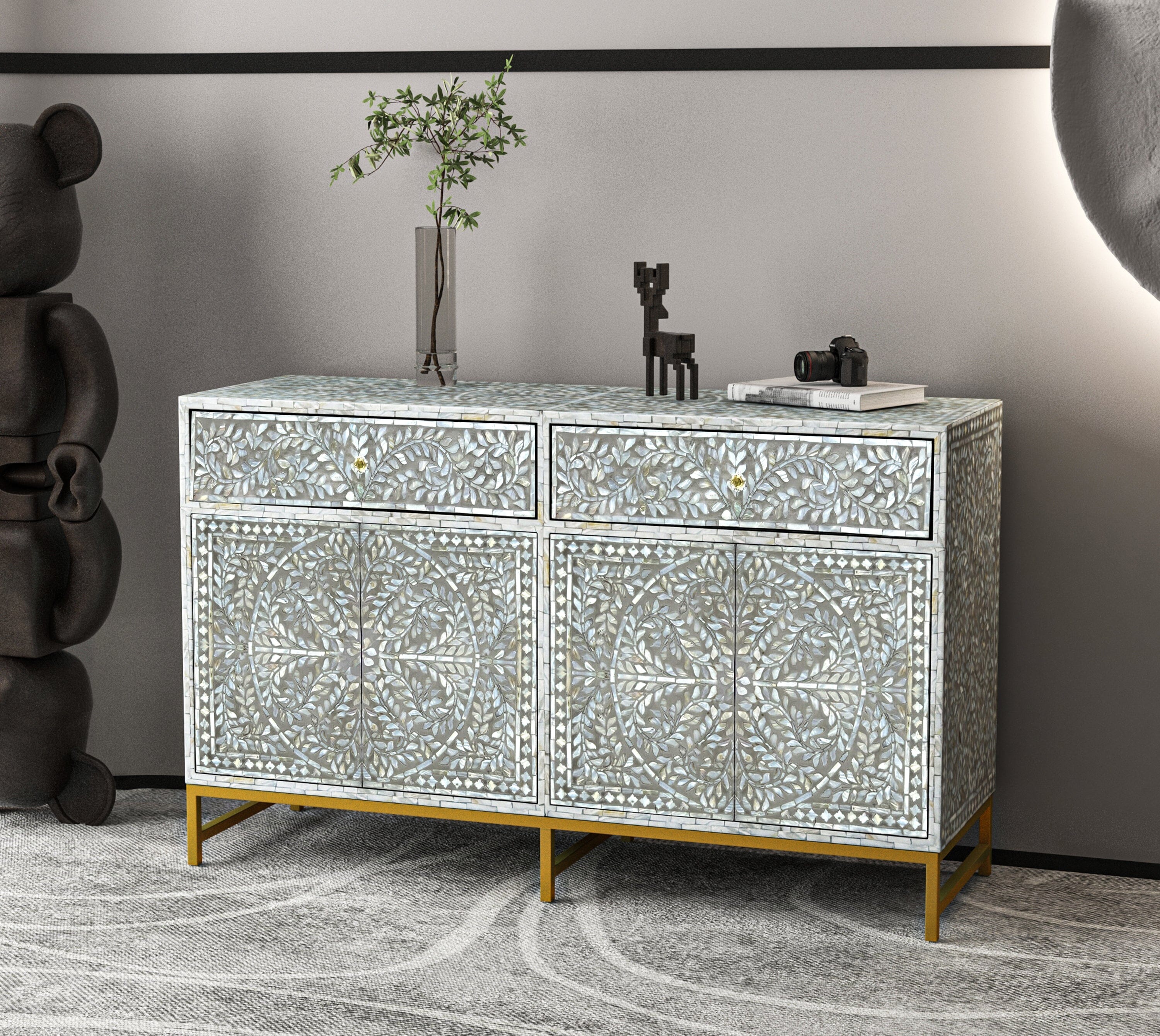 Decorative sideboard with intricate patterns in a room setting
