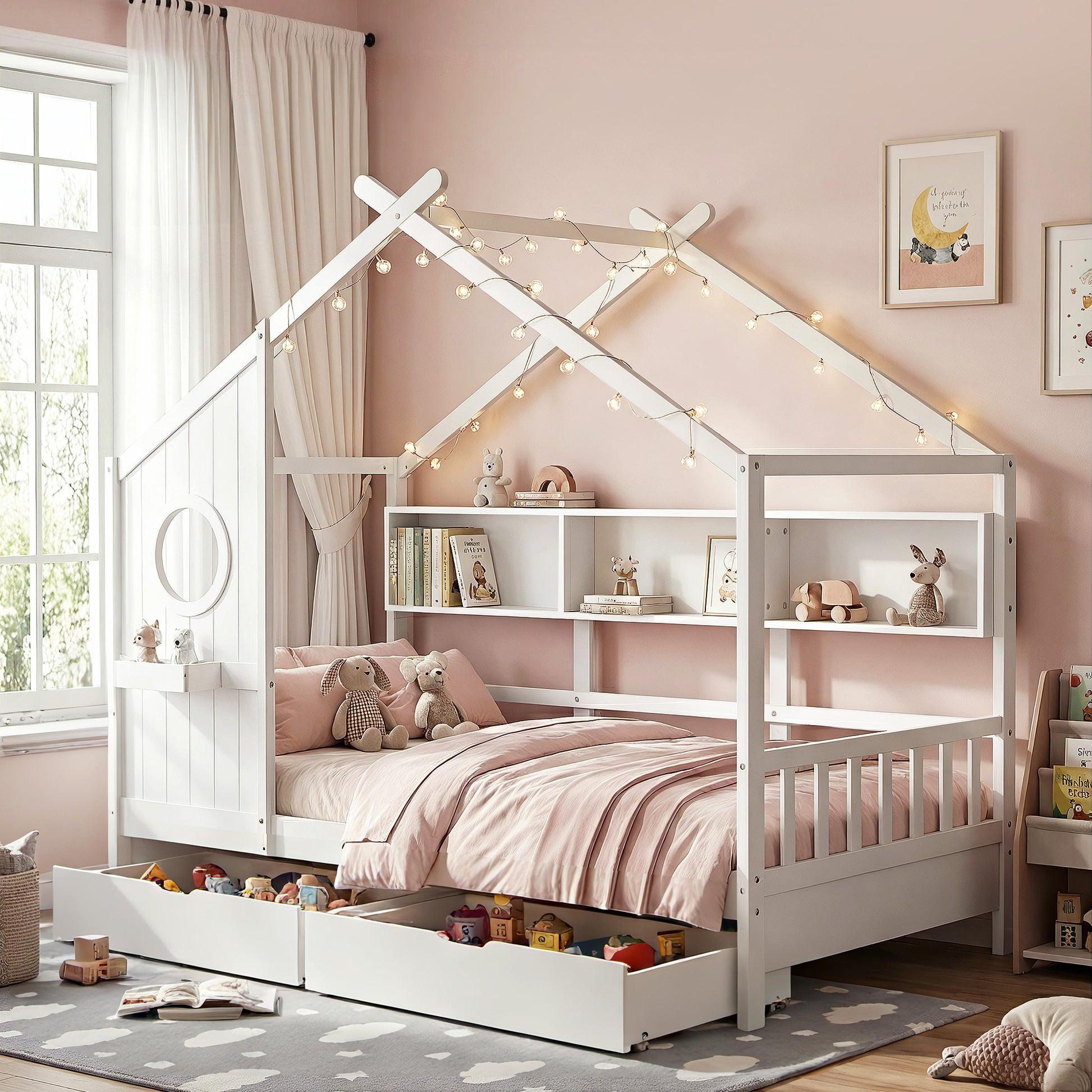 Children's room with a white house-shaped bed and bookshelf, decorated with toys and books.