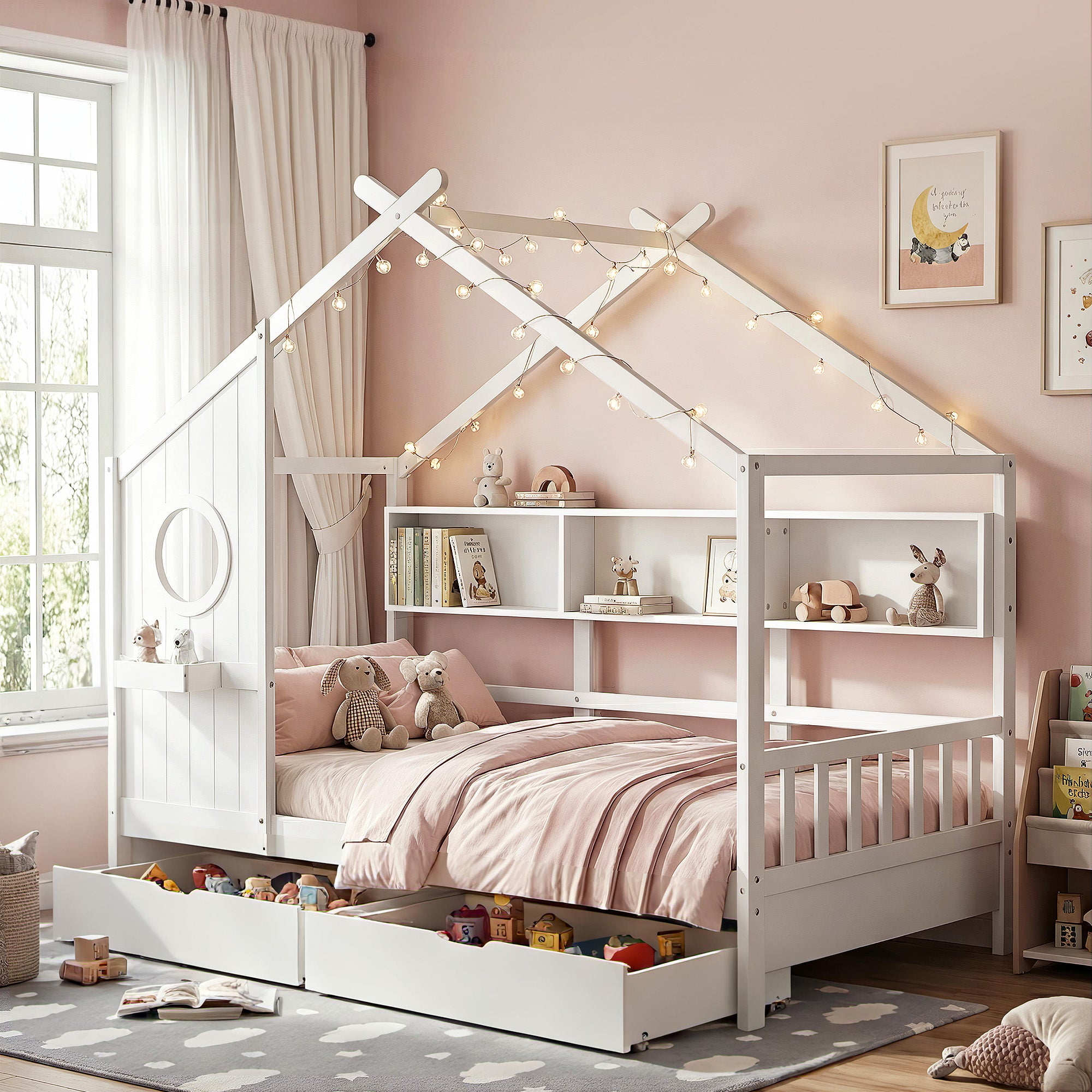 Children's room with a white house-shaped bed and bookshelf, decorated with toys and books.