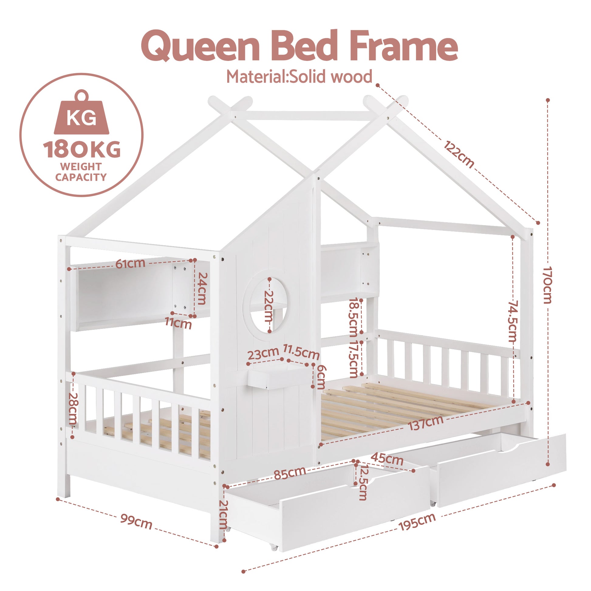 White wooden house-shaped bed frame with dimensions and weight capacity on a white background