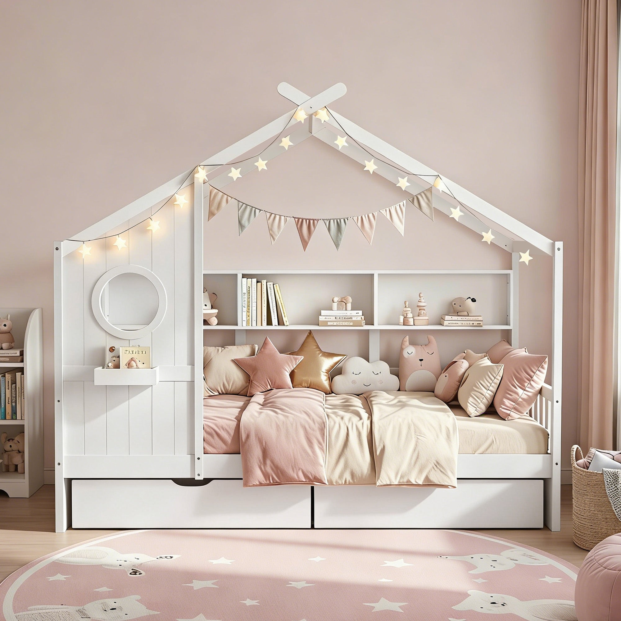 Children's bedroom with a white house-shaped bed, pink bedding, and decorative elements.