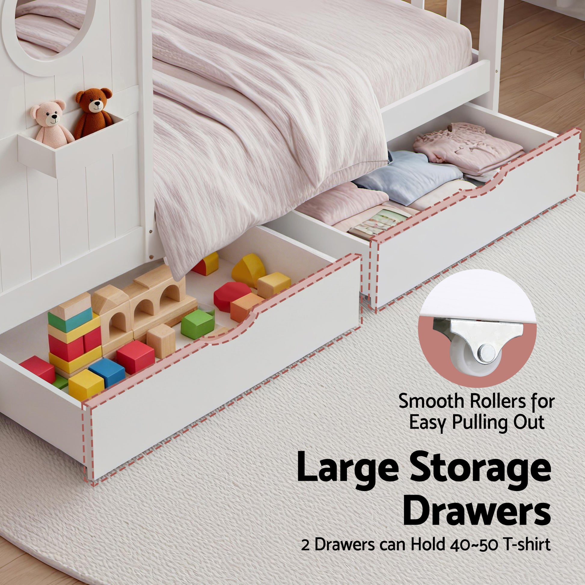 Children's bed with large storage drawers containing toys and bedding, with a focus on smooth rollers for easy pulling out.