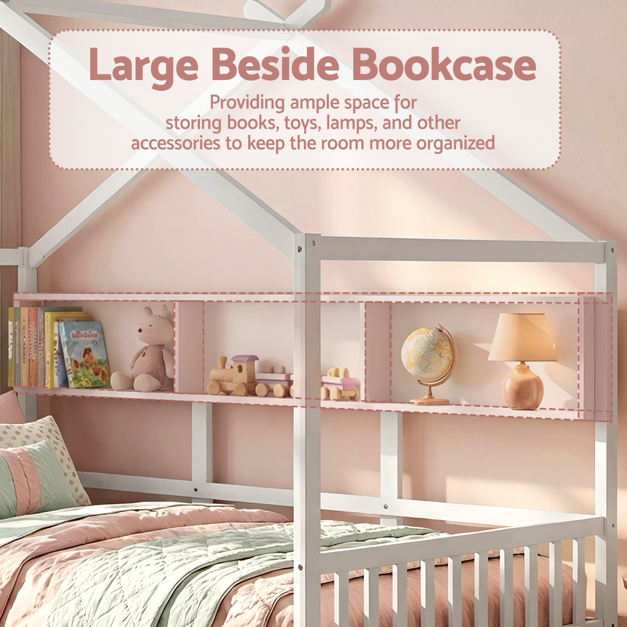 Kids Single House Bed with Storage Bookcase & 2 Drawers – White