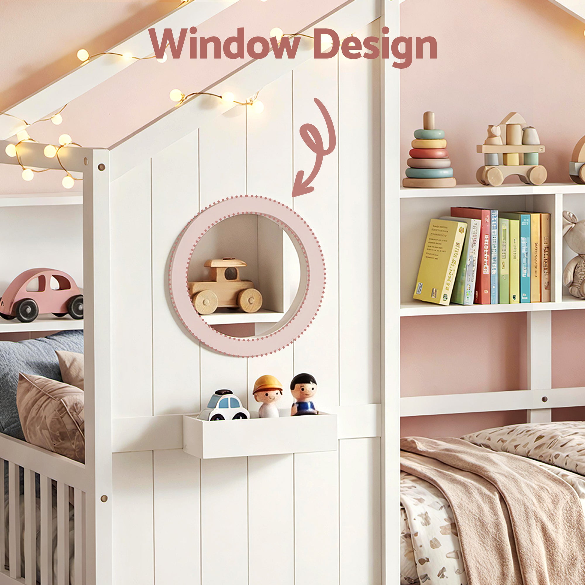Kids Single House Bed with Storage Bookcase & 2 Drawers – White