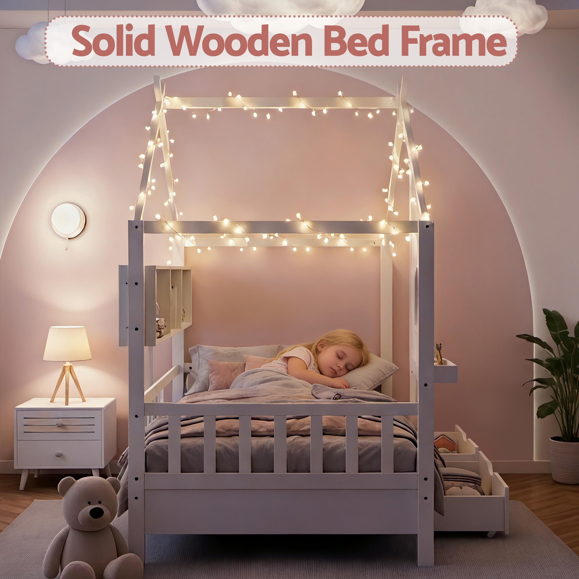 Kids Single House Bed with Storage Bookcase & 2 Drawers – White