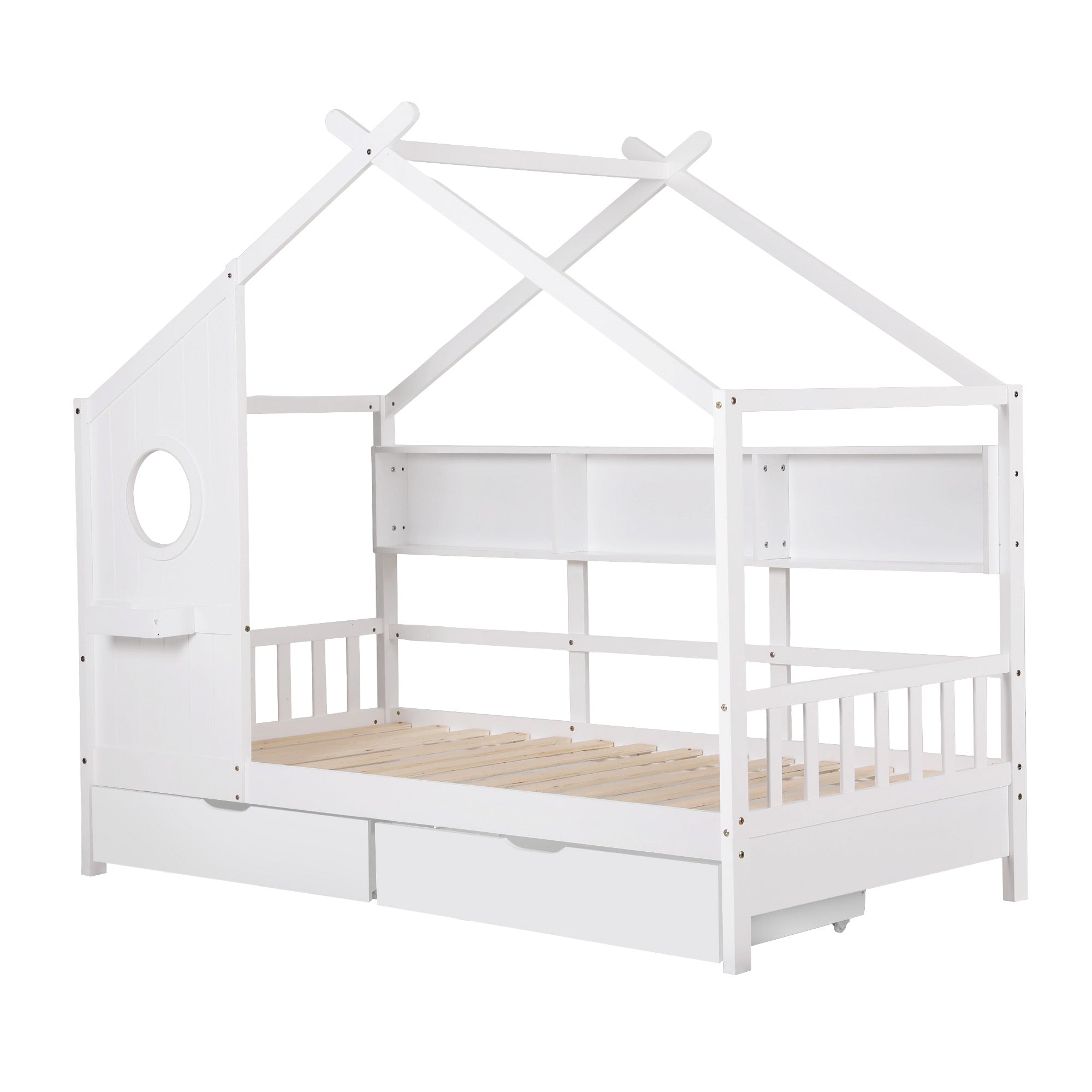 Kids Single House Bed with Storage Bookcase & 2 Drawers – White