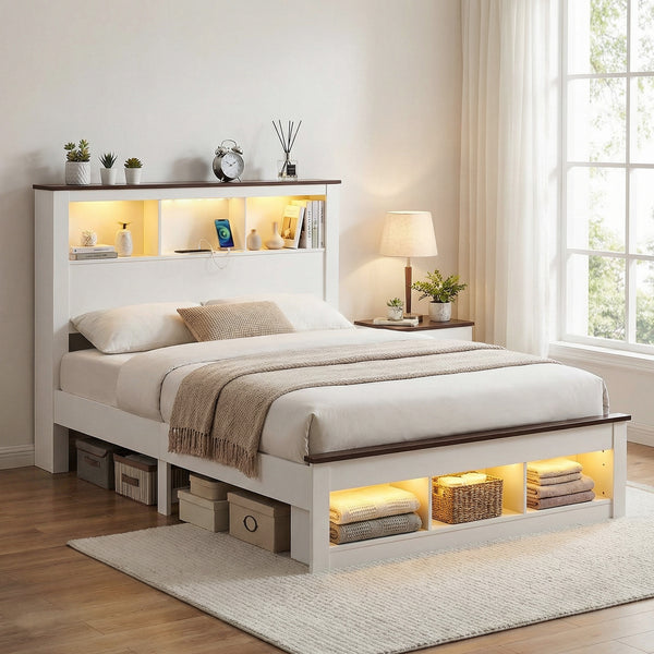 White bed with storage compartments and wooden headboard in a well-lit room.