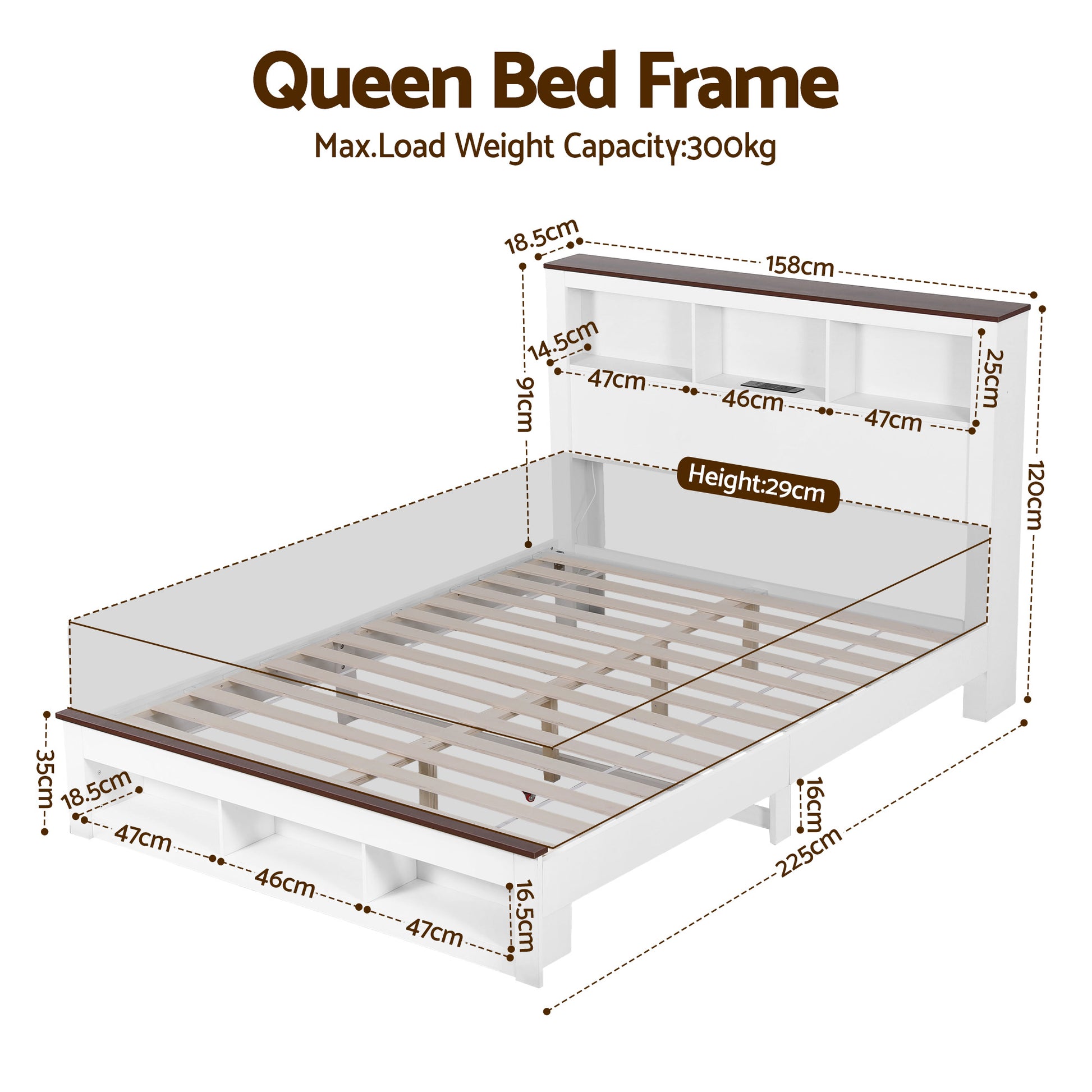 Queen bed frame with dimensions and weight capacity on a white background