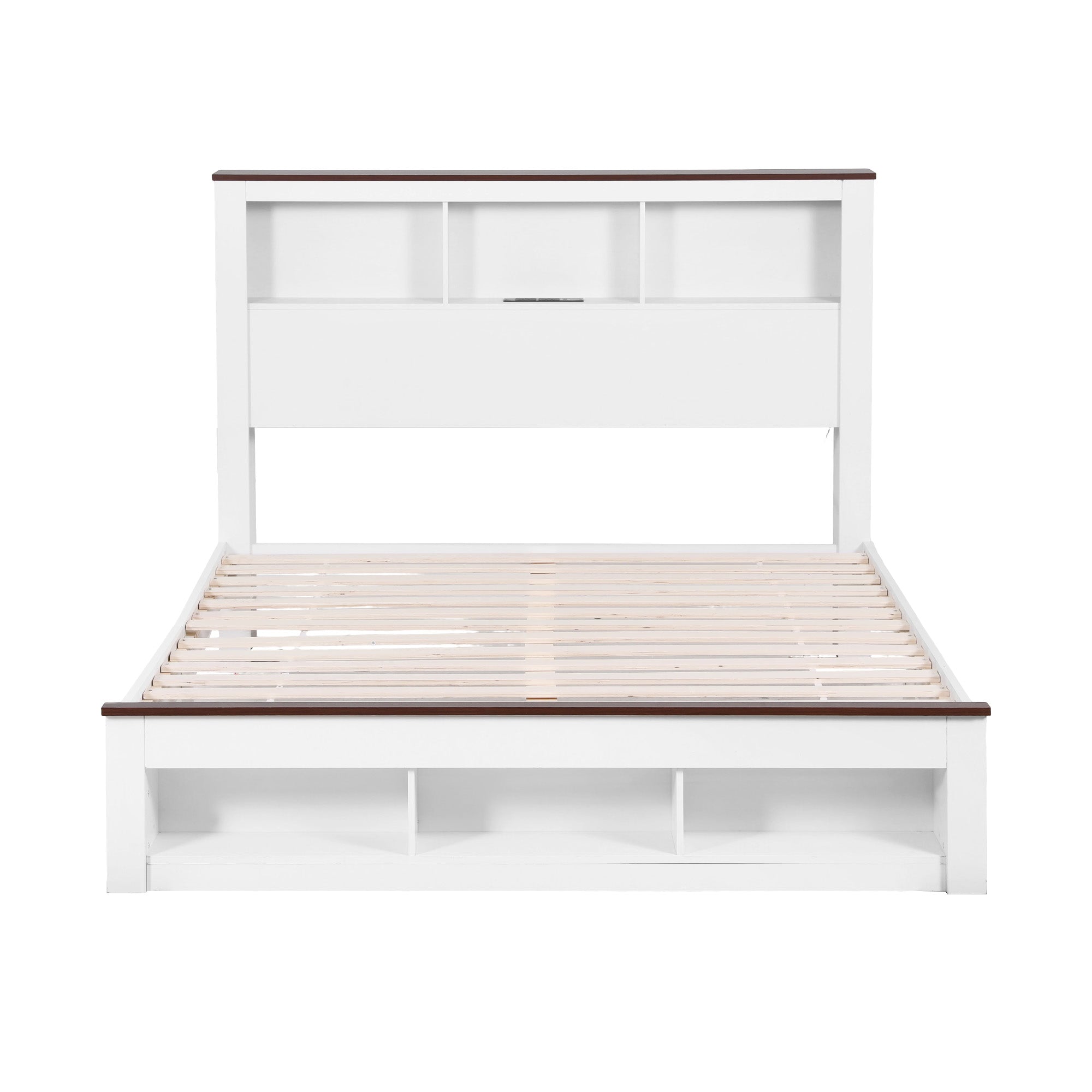 Queen Wooden Bed Frame with Storage Headboard, LED Light & Charging Station - White