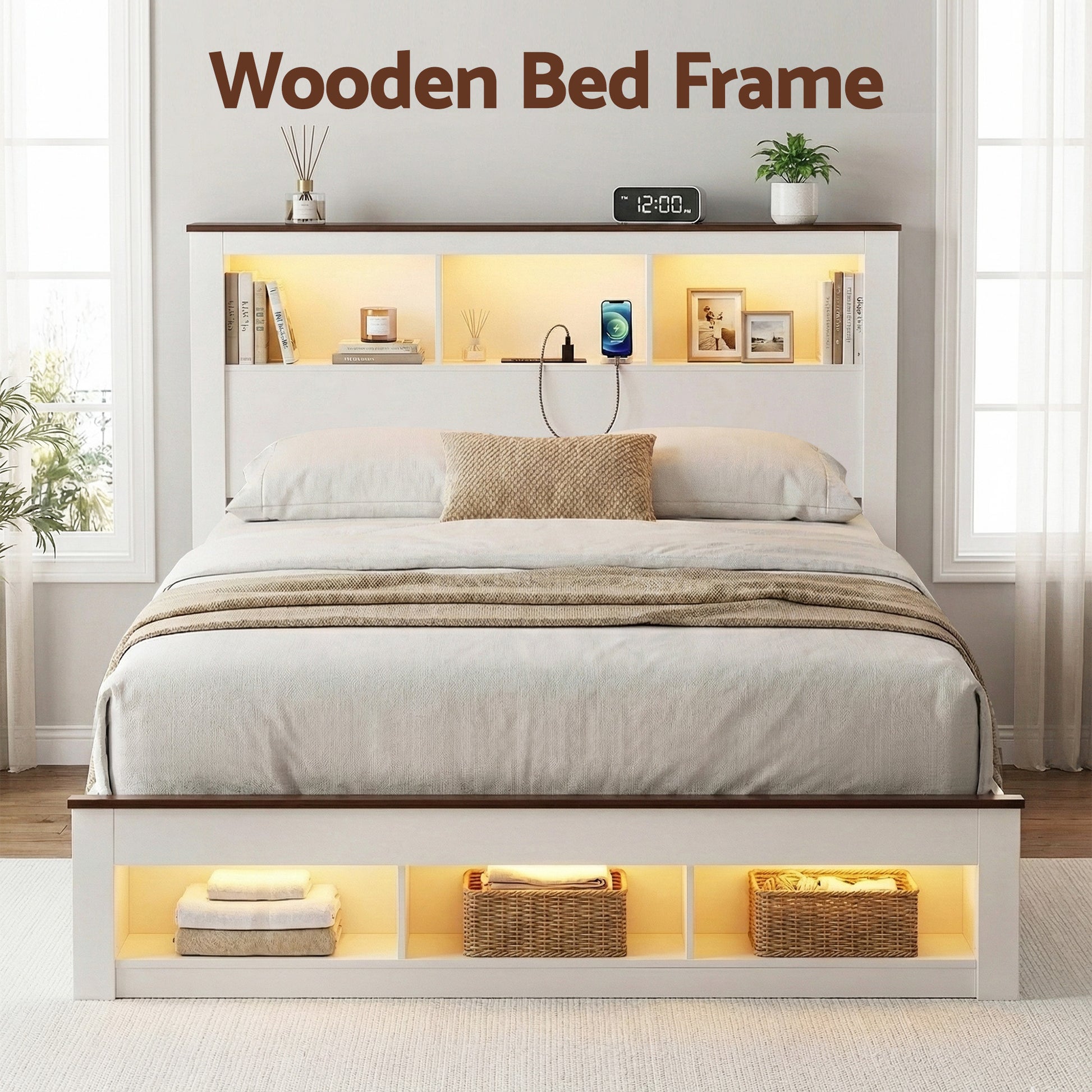Wooden bed frame with storage shelves in a bedroom setting