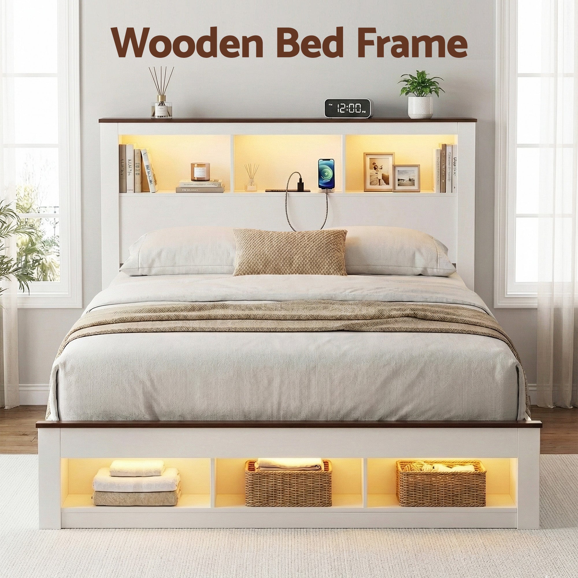 Wooden bed frame with storage shelves in a bedroom setting