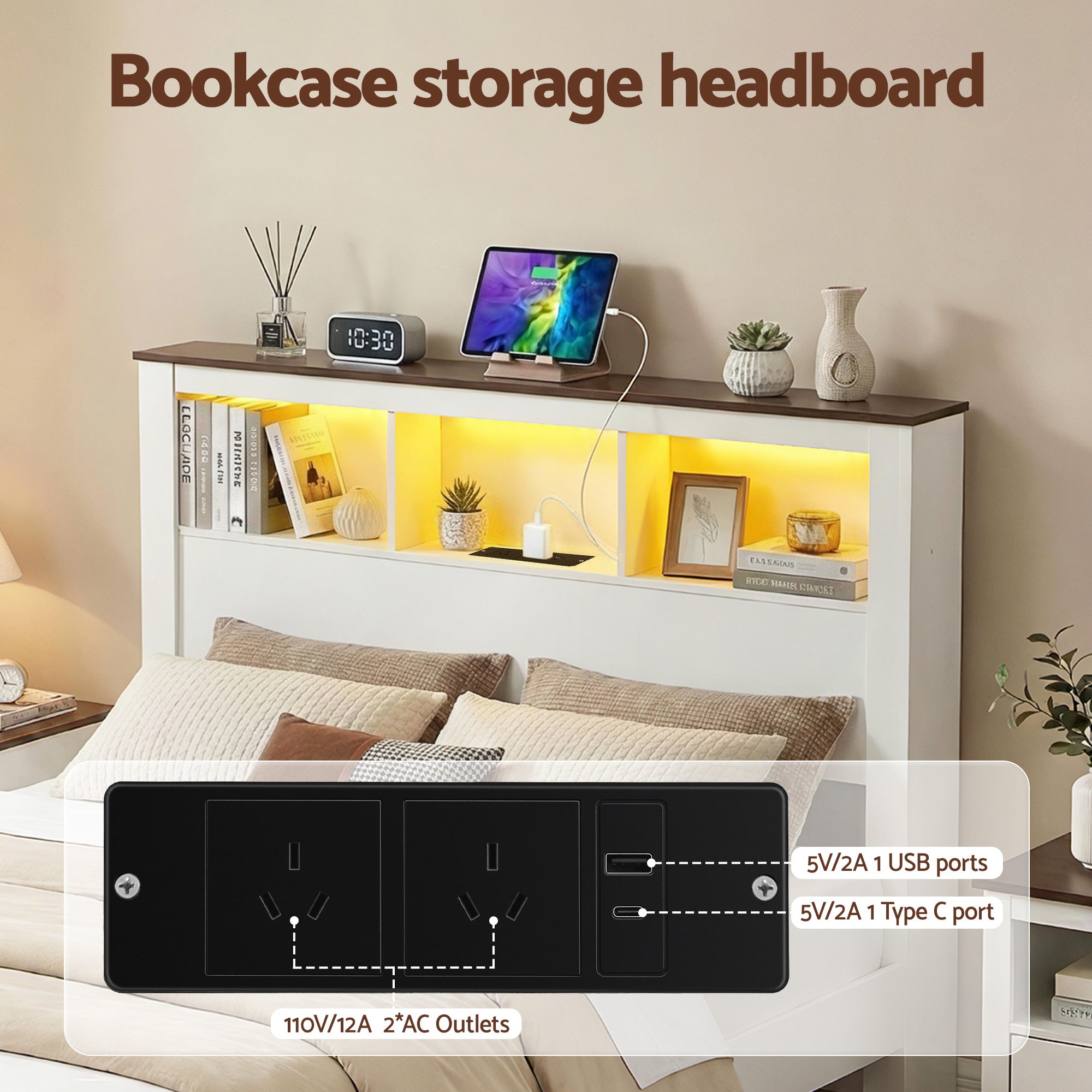 Queen Wooden Bed Frame with Storage Headboard, LED Light & Charging Station - White