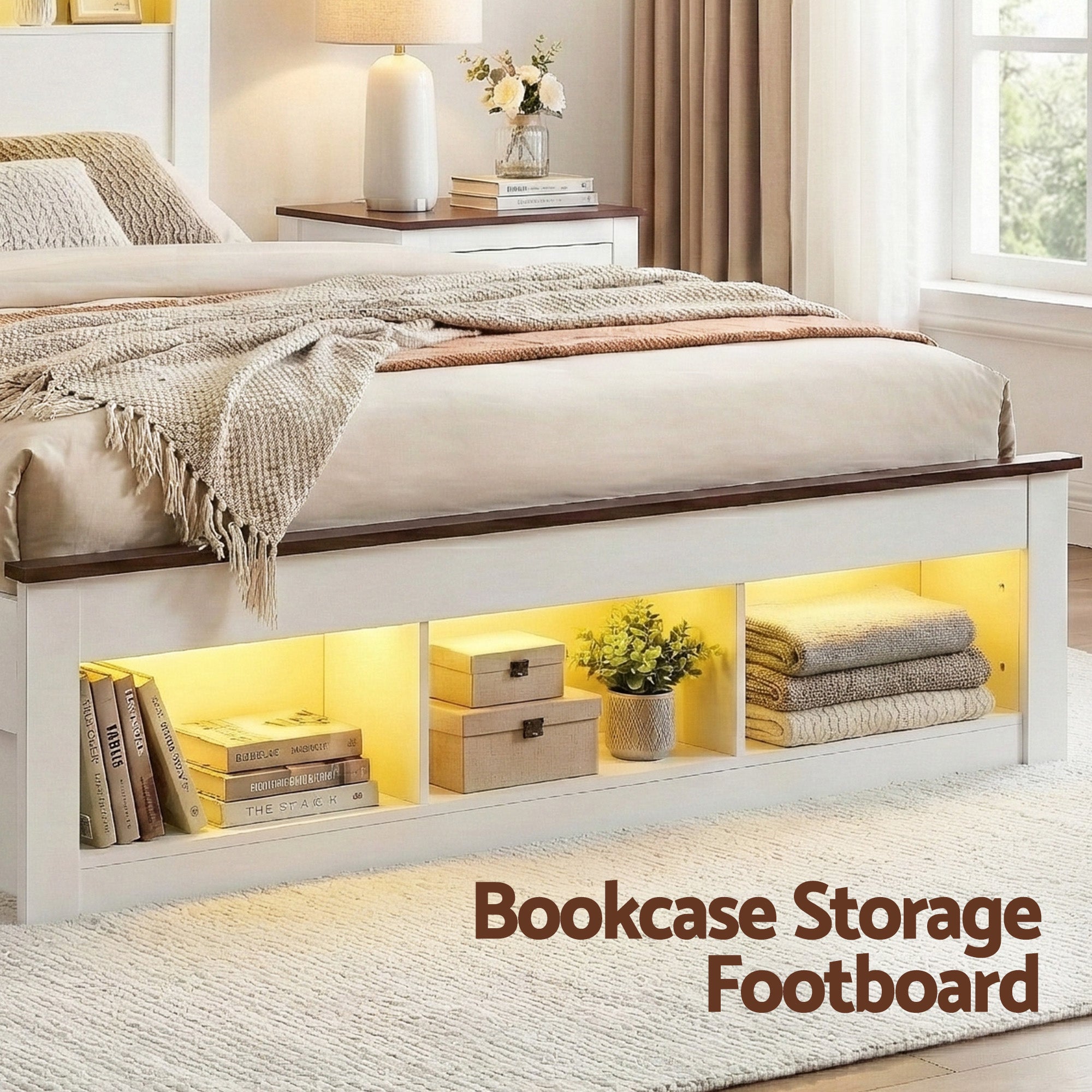 Queen Wooden Bed Frame with Storage Headboard, LED Light & Charging Station - White