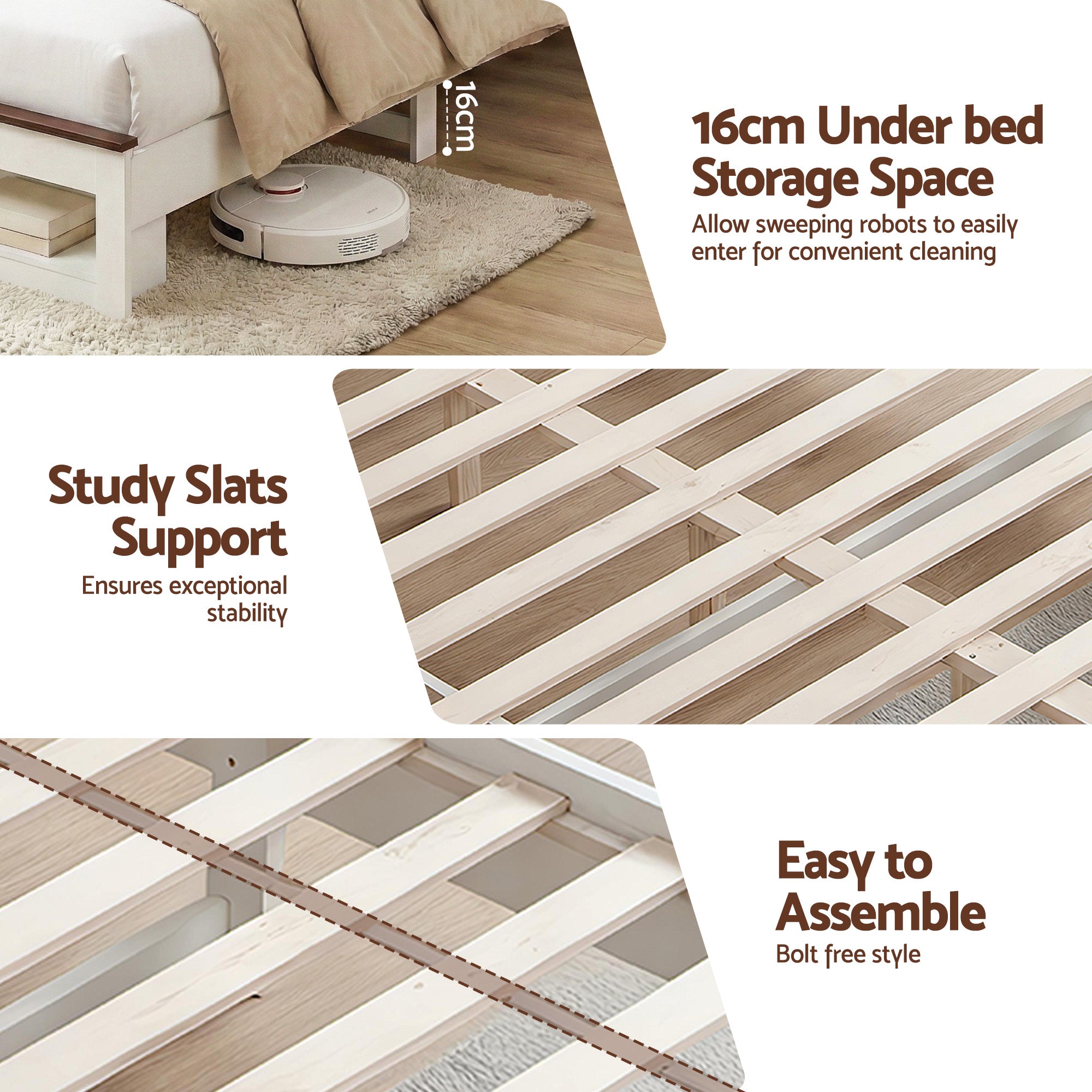 Queen Wooden Bed Frame with Storage Headboard, LED Light & Charging Station - White