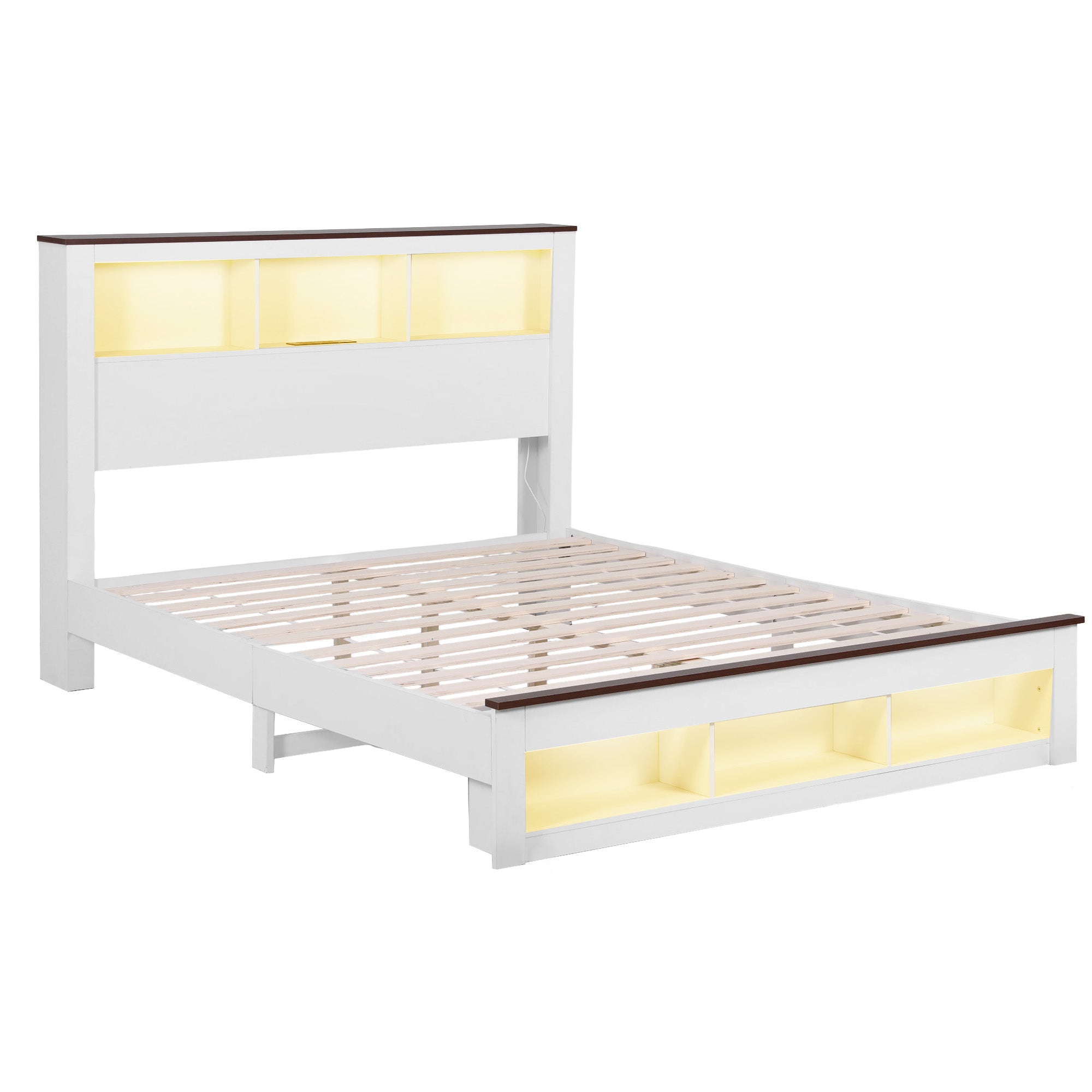 Queen Wooden Bed Frame with Storage Headboard, LED Light & Charging Station - White