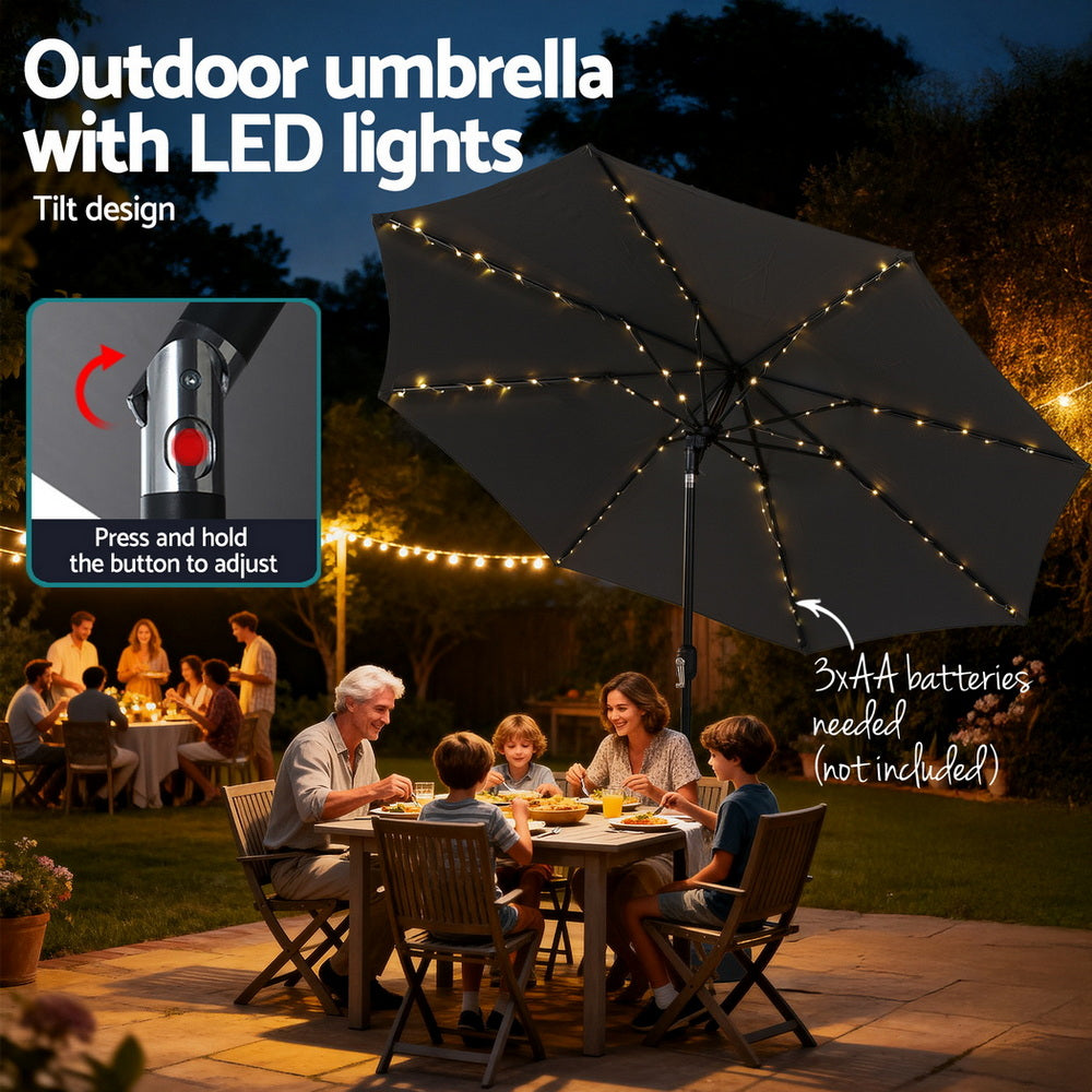 Outdoor Umbrella 2.9m with String Light Tilt - Charcoal