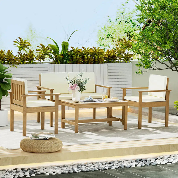 Outdoor patio set with acacia 4-piece sofa, table, and chairs