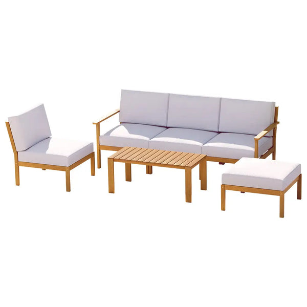 Acacia 5-seater outdoor sofa set wooden 6pcs - oak & grey in an outdoor setting with coffee table