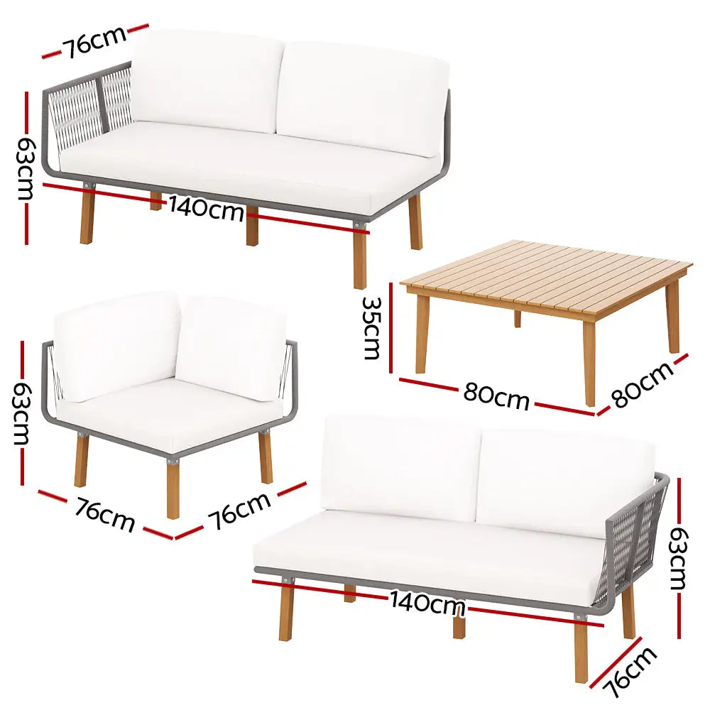 Acacia & aluminium 5-seater outdoor sofa set dimensions